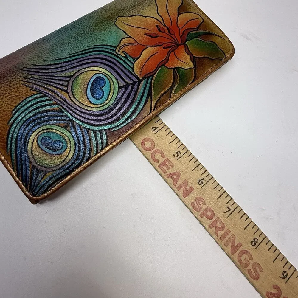 Anuschka Hand Painted Floral Peacock Feather Full Size Leather Wallet